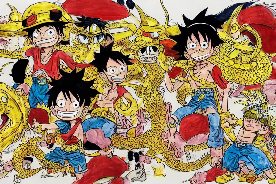 Prompt: concept sketches of luffy wearing a gold crown riding a large dragon by jamie hewlett, in the style of megaman