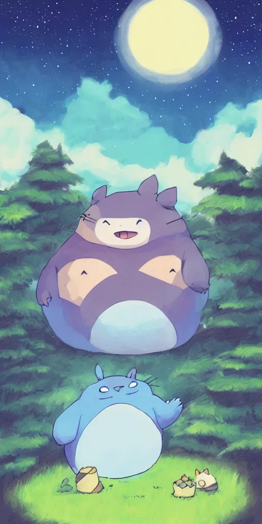 Image similar to glowing snorlax and totoro doing a picnic, mountain landscape, night sky, digital art, digital painting, celestial, majestic, colorful