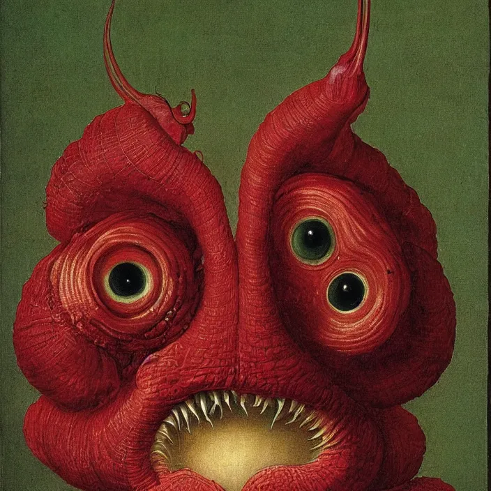 Image similar to close up portrait of a mutant monster creature with face in the shape of a colorful exotic dark red carnivorous plant, snail - like protruding eyes. by jan van eyck, audubon