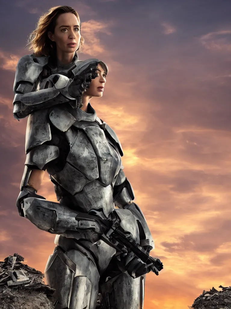 Image similar to emily blunt in futuristic power armor, close up portrait, solitary figure standing atop a pile of rubble, holding a sword on her shoulder, sunset and big clouds behind her