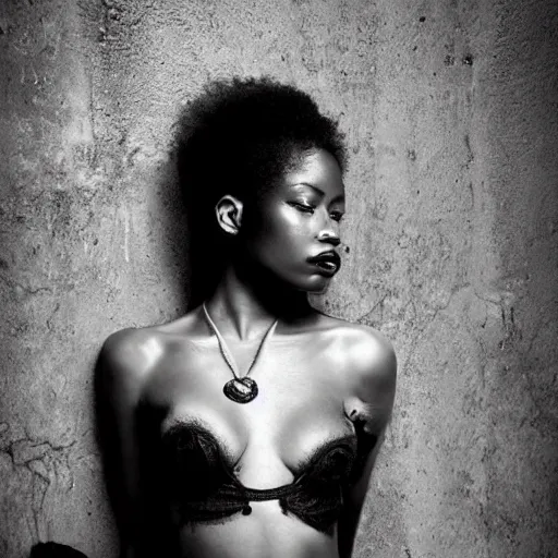 Image similar to black art, woman, beautiful, seductive, fashion editorial, realistic, intricate, detailed, sharp focus, photography, full body