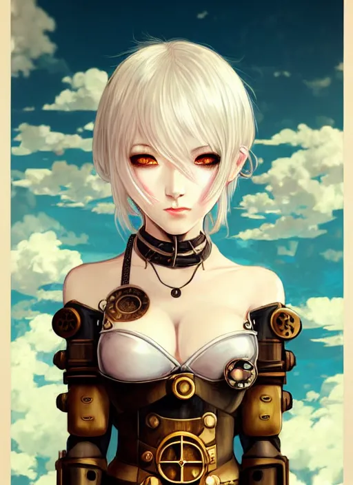 Image similar to portrait Anime girl in steampunk bikini armor, cute-fine-face, white-hair pretty face, realistic shaded Perfect face, fine details. Anime, steampunk, bioshock. realistic shaded lighting by Ilya Kuvshinov and Gustav Klimt