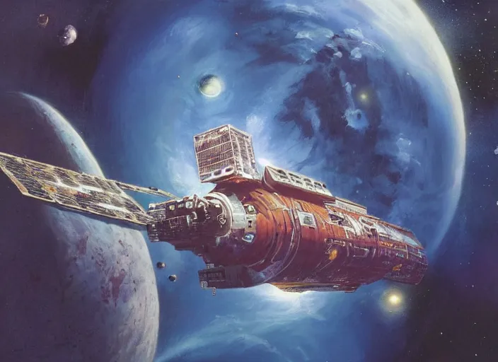 Prompt: abandoned space station drifting in deep space, matte painting, peter elson, chris foss, terran trade authority