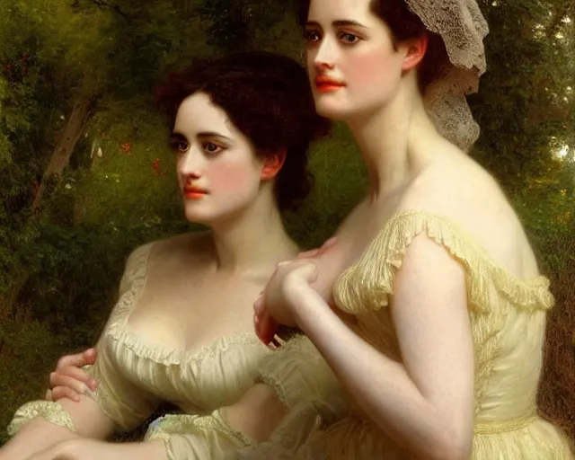 Prompt: portrait en buste of eva green vesper lynd vannessa ives in repose by Hughes Merle, by Pierre Auguste Cot, perfectly detailed eyes, realistic fabric, abundant detail