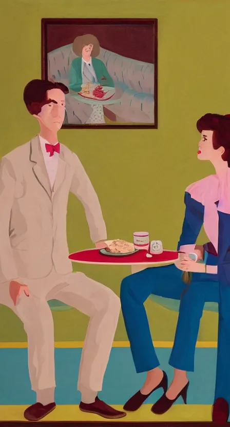 Prompt: creamy, delicious portrait of a couple on a date, by wes anderson