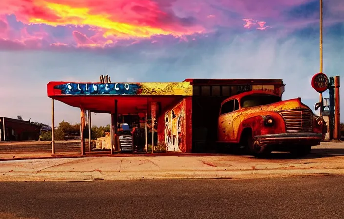 Image similar to a sunset light landscape with historical route 6 6, lots of sparkling details and sun ray ’ s, blinding backlight, smoke, volumetric lighting, colorful, octane, 3 5 mm, abandoned gas station, old rusty pickup - truck, beautiful epic colored reflections, very colorful heavenly, softlight