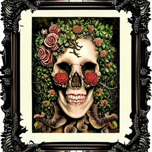 Image similar to a beautiful detailed front view rococo portrait of a rotten woman corpse becoming almost a skull with fractal plants and fractal flowers and mushrooms growing around, intricate, ornate, volumetric light, beautiful lit, polaroid photography, the northman