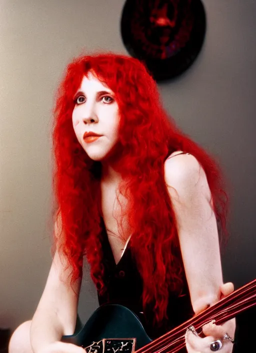 Image similar to dslr portrait photo still of 2 4 year old stevie nicks at age 2 4 with red hair playing a guitar, 8 5 mm, f 1. 8