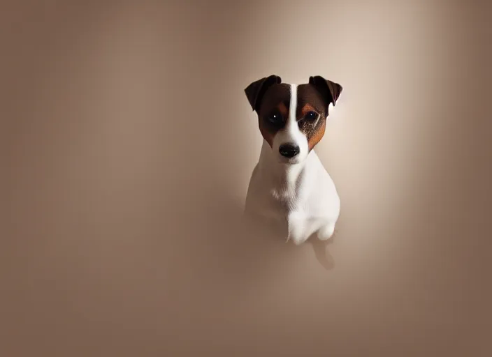 Image similar to photography of a Jack Russel . watching outside the window. on a bed. in a white room. octane render,volumetric light, volumetric fog, photorealistic,, award winning photo, 100mm, sharp, cloth, high res