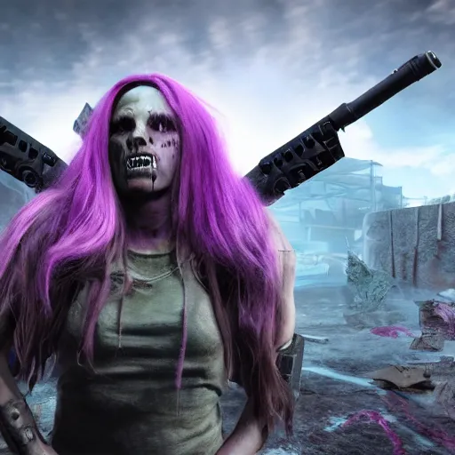 Image similar to apocalyptic world, doom game like look, female in hoodie in the middle, purple hair, shooting the monsters, 8 k, photorealistic, hyper realistic, full detail