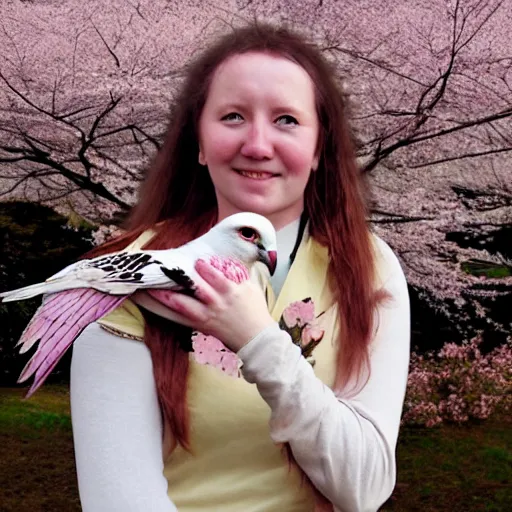 Prompt: a celtic woman falconer catching a white falcon on her arm. behind her are pink mountains, puffy clouds, and cherry blossoms blowing in the wind. concept art.