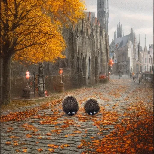 Image similar to 2 hedgehogs walking across the street next to eachother in Bruges, Belgium, in the style of Greg Rutkowski, autumn, evening, romantic