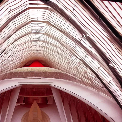 Image similar to interior of a futuristic lotus temple space station with gold, red and white marble panels, by santiago calatrava and zaha hadid and buckminster fuller and syd mead, intricate contemporary architecture, photo journalism, photography, cinematic, national geographic photoshoot