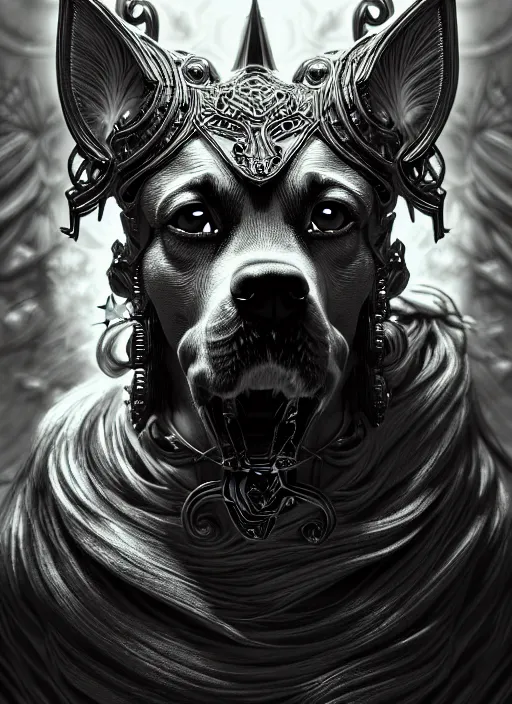 Prompt: dog as a god with flow hair and green eyes, very detailed face, black and white, detailed features, fantasy, circuitry, explosion, dramatic, intricate, elegant, highly detailed, digital painting, artstation, concept art, smooth, sharp focus, illustration, art by gustave dore, octane render