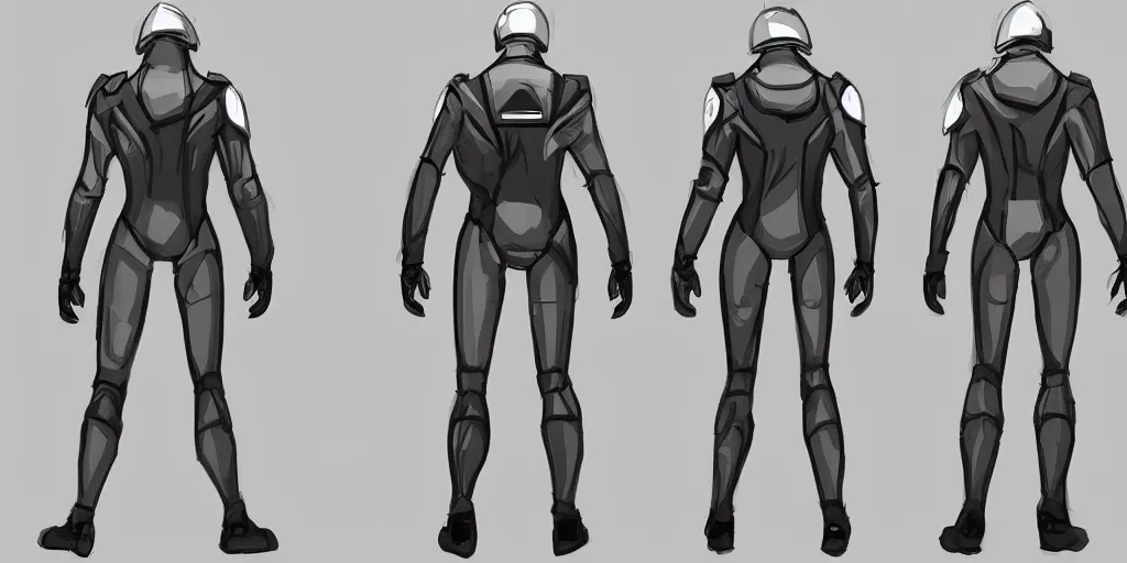 Image similar to male, space suit, character sheet, concept art, stylized, large shoulders, long thin legs, exaggerated proportions, concept design