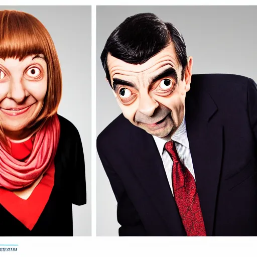 Prompt: A portrait mr bean teams up with a group photo of mr beans and a female Mr Bean, everyone has a Mr Bean face, perfect faces, 50 mm, award winning photography