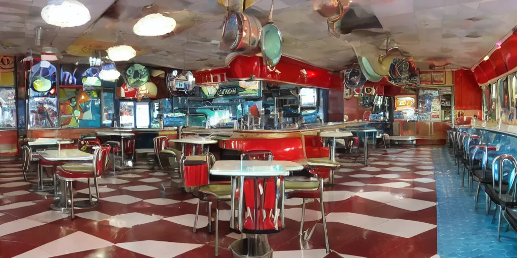 Prompt: a retro diner at the crossroads of the multiverse, celestially enchanted