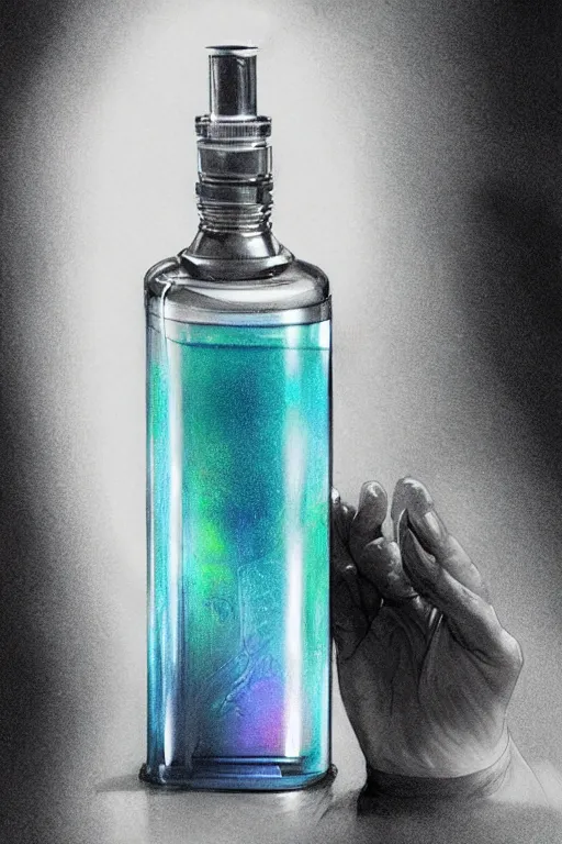 Prompt: concept art of a rolex liquid dietary supplement in a transparent bottle filled with blue magenta iridescent liquid, by aenaluck, artgerm and roberto ferri and greg rutkowski, black and white tones, white background, digital painting, artstation, concept art, smooth, sharp foccus ilustration hq