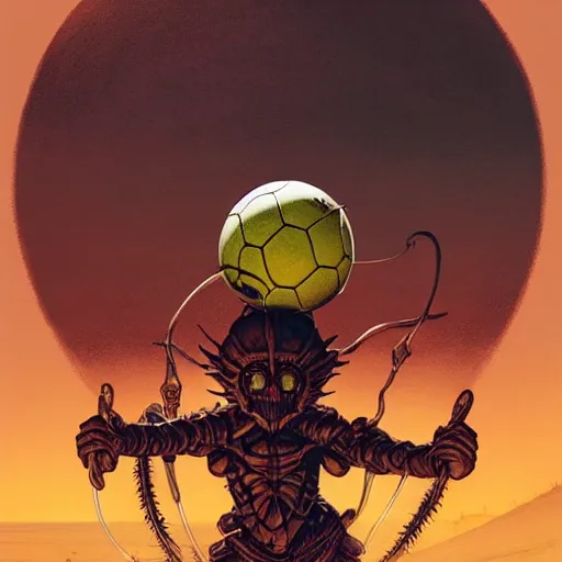 Image similar to magical soccer ball covered with eyes, with two antennas, in the desert next to a cactus, d & d, fantasy, greg rutkowski, frank frazetta, alexandre chaudret, boris vallejo, michael whelan, miro petrov, hr giger, magali villeneuve, donato giancola