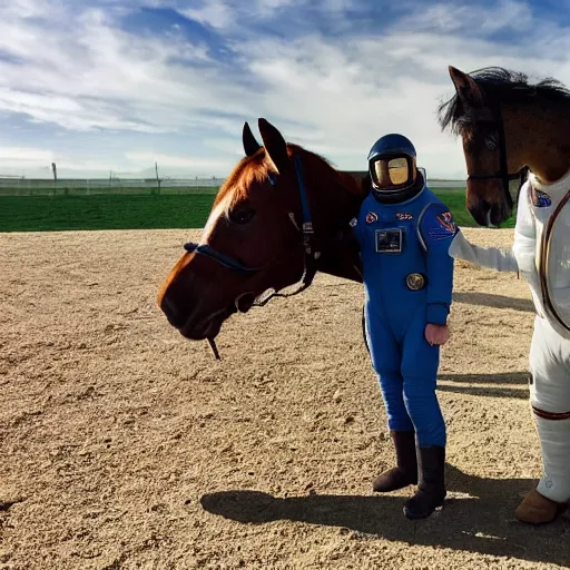 Image similar to photo of astronaut standing on all fours with a cute dappled horse which is sitting on his back in saddle