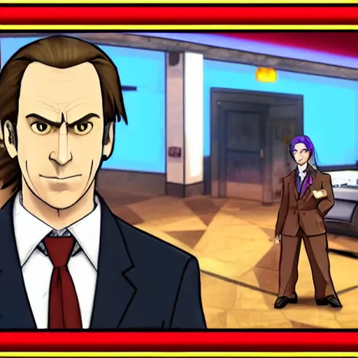 Image similar to saul goodman in the style of pheonix wright ace attorney videogame, objection