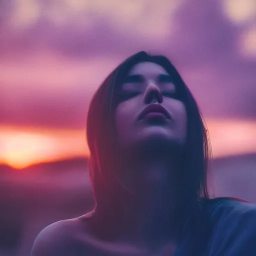 Prompt: aesthetic photo of a woman looking up with a sad expression at sunset, dslr, award winning, 8 k, octane beautifully detailed render, warm mood, cinematic lighting, detailed photo, masterpiece, volumetric lighting, ultra realistic, highly detailed, high quality, lossless, photorealistic, sharp focus, hd