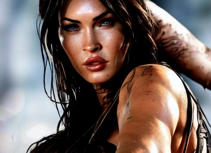 Prompt: megan fox as lara croft, magic and fantasy, highly detailed face, specular reflection, occlusion shadow, intricate, bokeh, masterpiece