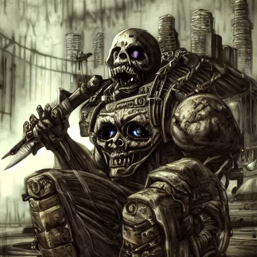 Image similar to a terrifying portrait of judge death as a sherman tank in a cyberpunk city by simon bisley, extremely hyperdetailed, extreme photorealism, eerie low lighting, disturbing evil atmosphere, mixed media illustration, masterpiece, horror, long fangs and claws, intricate, highly detailed, 8 k, artstation, concept art, smooth, sharp focus, full color