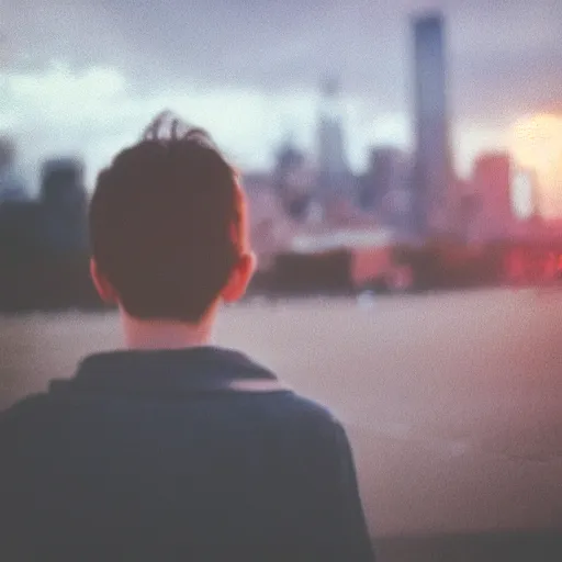 Prompt: instant photograph of a young person looking to the horizon, polaroid, raw, beautiful, nostalgic, light leak, sunset, clouds, city