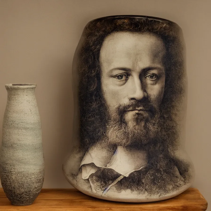 Prompt: beautiful studio photograph of a ceramics display with albrecht durer self portrait painted onto a tall stoneware vase on a wooden table, hyperrealism 8 k trending on artstation