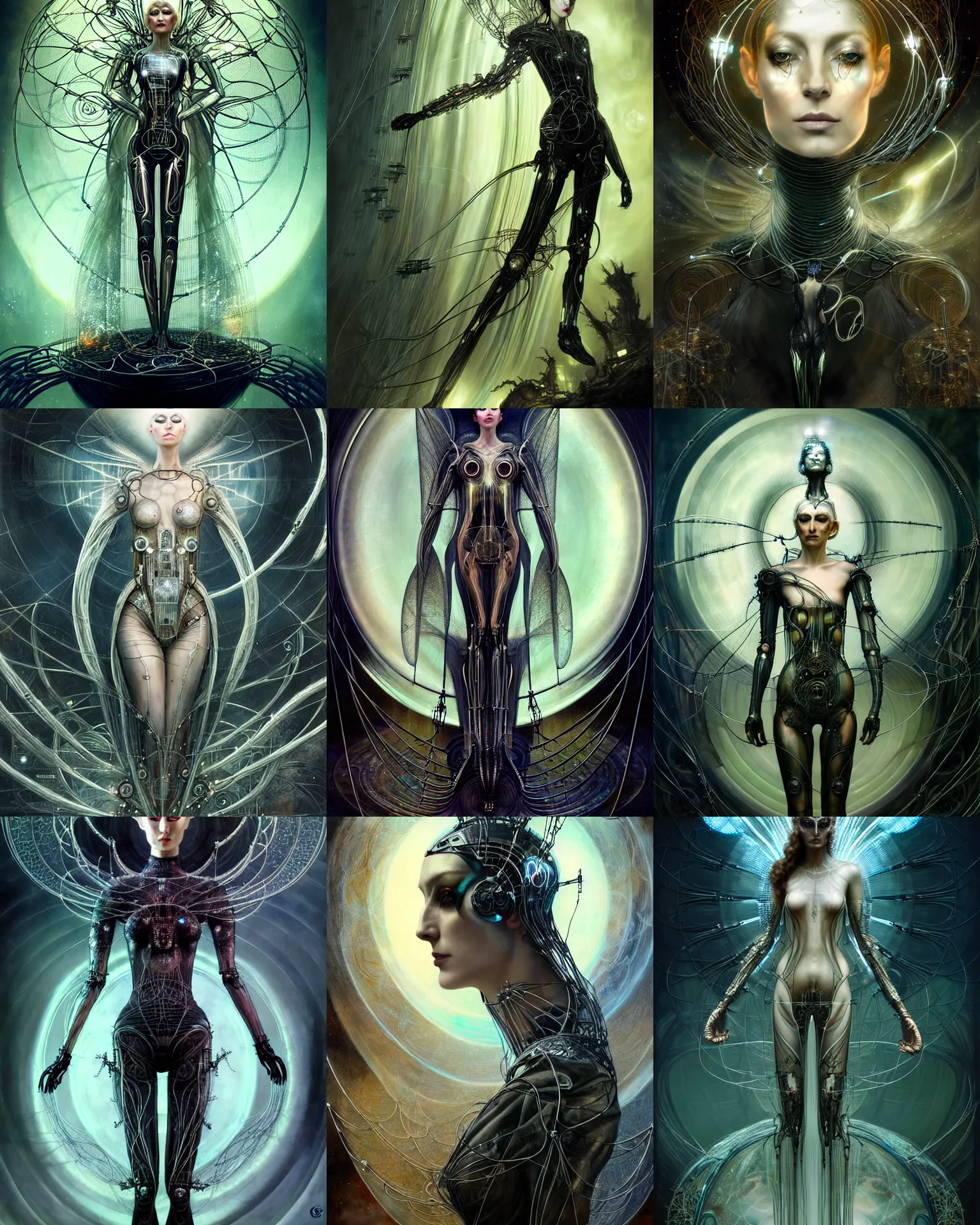 Prompt: karol bak and tom bagshaw and bastien lecouffe - deharme full body character portrait of galadriel as the borg queen, glitchcore rebirth, floating in a powerful zen state, supermodel, beautiful and ominous, wearing combination of mecha and bodysuit made of wires and etched ceramic, machinery enveloping nature in the background, scifi character render