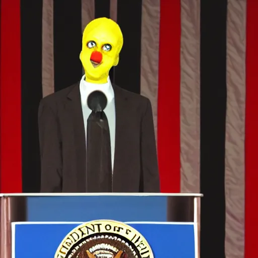 Image similar to marionette of a president with clown makeup in a podium and a human shadow behind