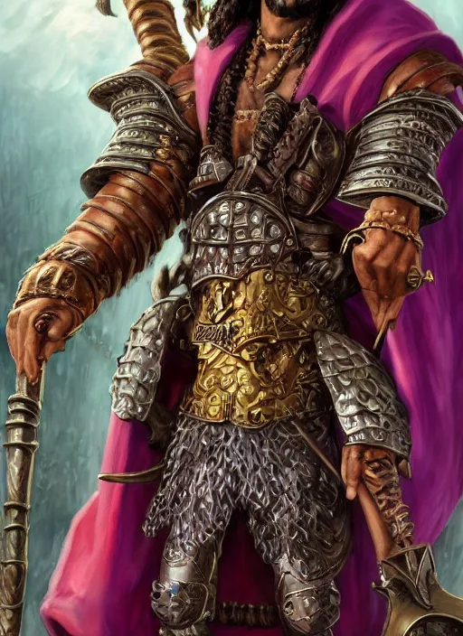 Prompt: snoop dogg as a barbarian, short beard, grumpy, intricate plate armor, purple robes, Ivan Aivakovsky, Boris Vallejo, epic fantasy character art, D&D Concept Art, full length, Realistic, Regal, Refined, Detailed Digital Art, Oil Paining, Exquisite detail, post-processing, masterpiece, Cinematic Lighting, Unreal Engine, 8k, HD, Stanley Artgerm Lau, WLOP, Rossdraws, Frank Frazetta, Andrei Riabovitchev, Marc Simonetti, trending on artstation,