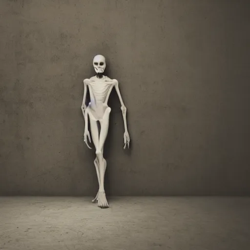 Prompt: creepy pale thin humanoid figure, in basement location, photorealistic, 8 k, upscale
