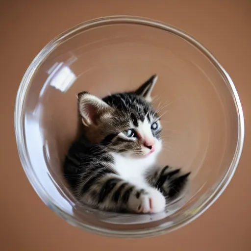 Prompt: kitten sitting in a small glass bowl, photography, minimalistic, 8 k