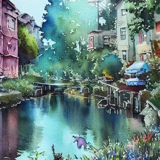 Image similar to Beautiful happy picturesque charming sci-fi town in harmony with nature. Beautiful light. Water and plants. Nice colour scheme, soft warm colour. Beautiful detailed watercolor by Lurid. (2022)