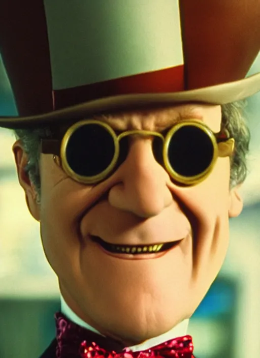 Image similar to “Film still close-up shot of David Letterman as Willy Wonka from the movie Willy Wonka & The Chocolate Factory. Photographic, photography, cinematic”