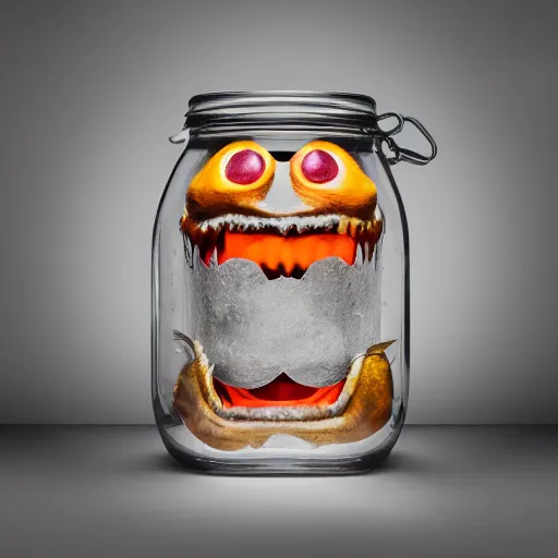 Image similar to Evil monster in a jar, product photography, centered, studio lightning