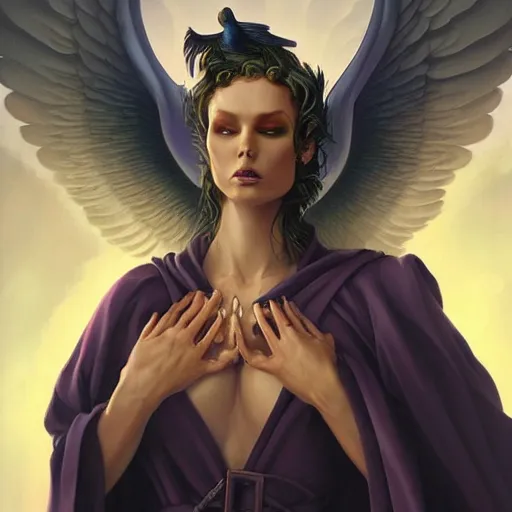 Prompt: a robed angel with iridescent black raven wings, by Peter Mohrbacher, Artgerm, Steve Argyle, Mark Brooks, Jim Burns