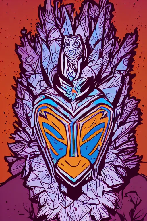 Image similar to totem animal mask tribal feather gemstone plant wood rock shaman vodoo video game vector cutout illustration vivid color borderlands comics by josan gonzales and dan mumford radiating a glowing aura