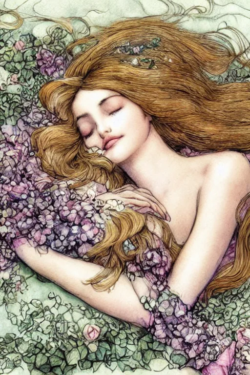 Image similar to closeup face shot of sleeping woman with long hair on a bed surrounded by ivy and flowers, fantasy art, trending on artstation, sleeping beauty fairytale, art by luis royo and walter crane and kay nielsen, watercolor illustration,