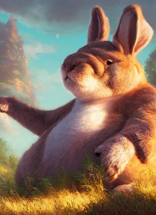 Prompt: hyper realistic, a cute adorable happy masculine big chungus, inside a dreamscape background painted by greg rutkowski, artgerm, soft lighting, analogous colors