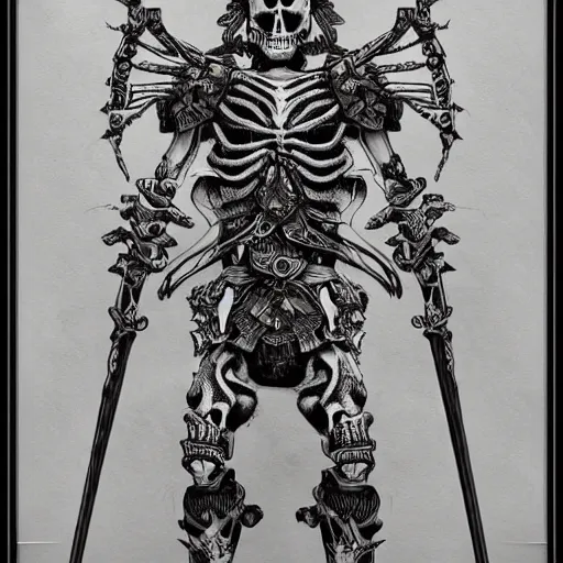 Image similar to skeleton warrior with a very ornamentated armor, very detailed, complex drawing, hyperdetailed, renascement, monochrome, albert durero style