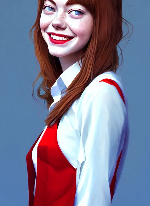 Image similar to portrait of teenage emma stone, long haircut, flowing ginger hair, white shirt, red tie, smiling kindly, 1 9 8 0 s, intricate, elegant, glowing lights, highly detailed, digital painting, artstation, concept art, smooth, sharp focus, illustration, art by wlop, mars ravelo and greg rutkowski