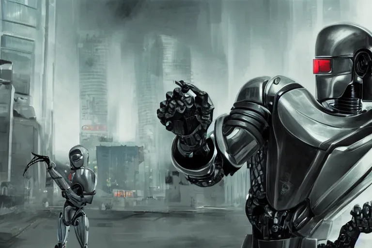 Image similar to modern day reimagining of an evil robocop terrorizing the public. concept art. realistic. cinematic.