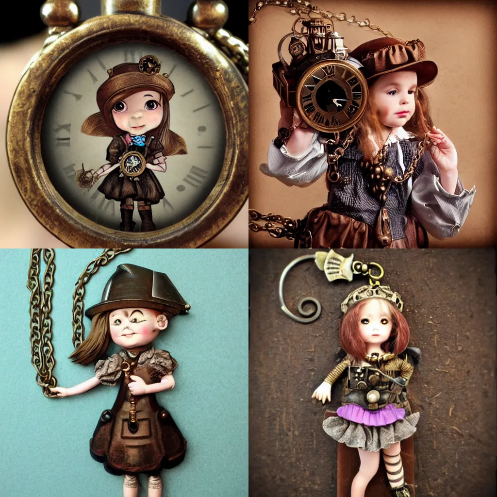 Prompt: steampunk little girl wears a clock necklace