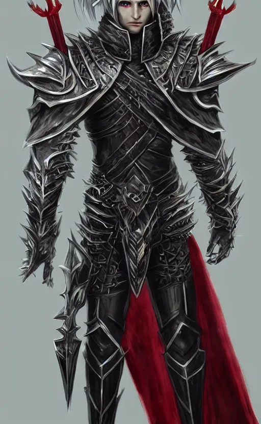 Image similar to A male elf, 20 years old, short silver hair, red eyes, wearing a spiked black metal crown, black heavy armor with gold trim, and a red cape, lean but muscular, attractive, command presence, royalty, weathered face, smooth, sharp focus, illustration, concept art, highly detailed, muscle definition, fantasy paitning, ArtStation, ArtStation HQ