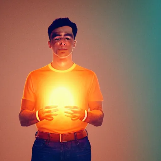 Image similar to A white-clothed man with an orange aura surrounding his entire body