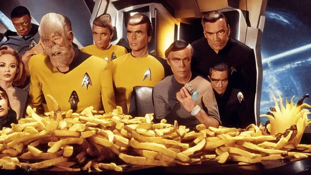 Image similar to a giant monster made of bananas and fries killing crew on star trek, film still from the movie directed by Denis Villeneuve with art direction by Salvador Dalí, wide lens