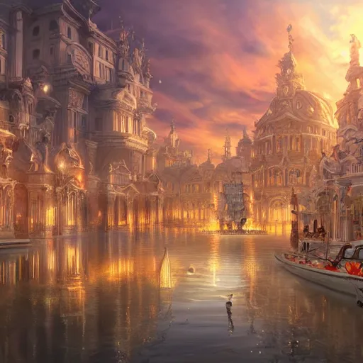 Image similar to floating baroque city, beautiful, surreal, highly detailed, sharp focus, sunset, by artgerm, cgsociety